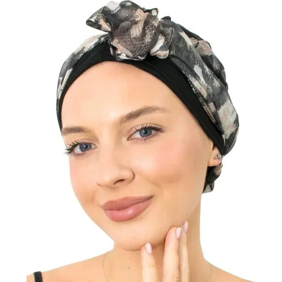 Women’s Black Beige Scarf Skull Cap Chemo Headwear Hair Loss Turban